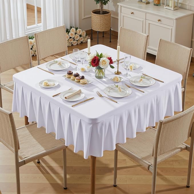 Wish Care White Spandex Tablecloths for 54x54 Inch Square Tables, Stretch Fitted Table Clothes with Pleated Ruffle Skirt for 54” Table, Wrinkle Free and Elastic, for Party Kitchen Home Dining