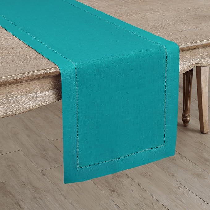 Solino Home Linen Hemstitch Table Runner 48 Inches - 100% Pure Linen Teal Table Runner 14 x 48 Inch Ideal for Dresser and Coffee Tables, Mothers Day - Classic Hemstitch