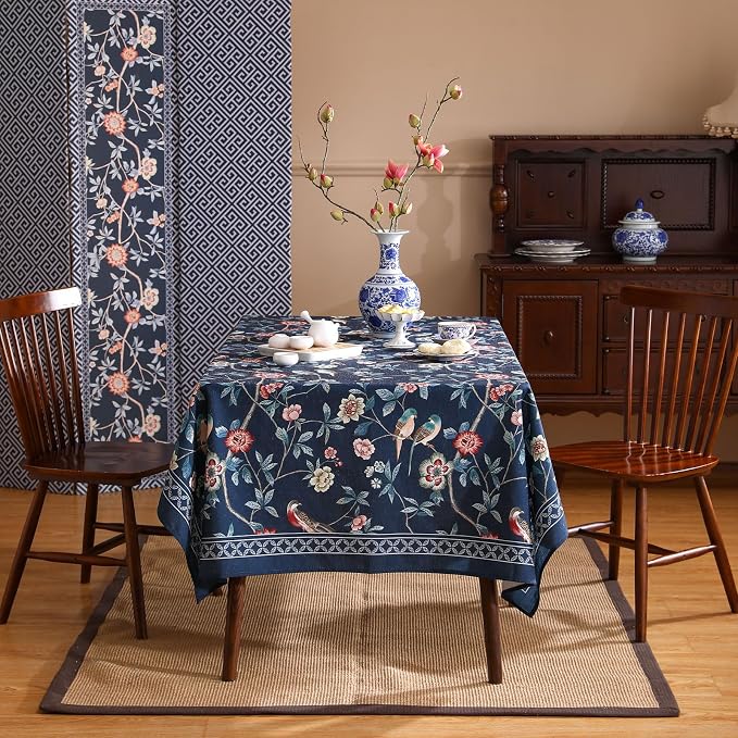 patdrea Elegant Vintage Linen Tablecloth,Rectangular,87"x55"-Lanruoting | Chinoiserie Table Cloth for Rectangle Table,Blue Oriental Bird Floral Print,Dining Tea Party Thanksgiving Table Decor