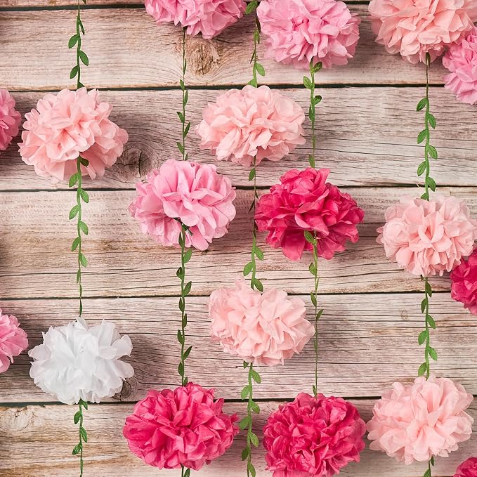 Gradient Pink Tissue Paper Pom Pom Garlands, Paper Flowers for Birthday Decorations, Baby Shower, Wedding Engagement, Bridal Shower, Spring Summer Party Decorations, 2 Pcs