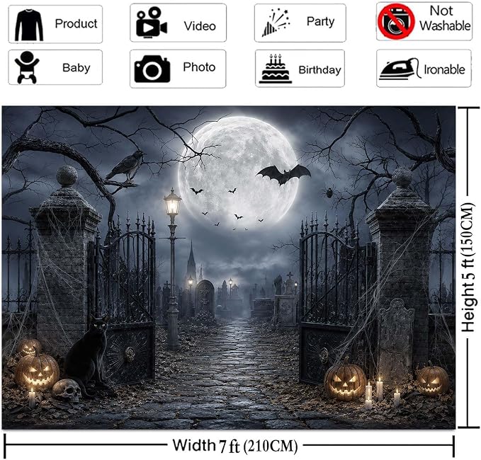 15x10ft Halloween Backdrop Spooky Graveyard Cemetery Full Moon Pumpkin Black Cat Skull Photography Background, Horror Fall Party Decor Photo Booth Props, Kids Birthday Studio Wall Decor Banner