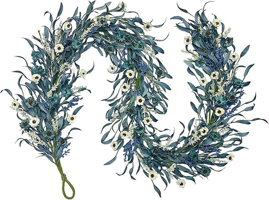 70 Inch Blue Eucalyptus Garland with White Flowers - Long Artificial Vine Garland for Staircase, Mantel, Fence, Front Door, Indoor/Outdoor Hanging Decor for All Seasons