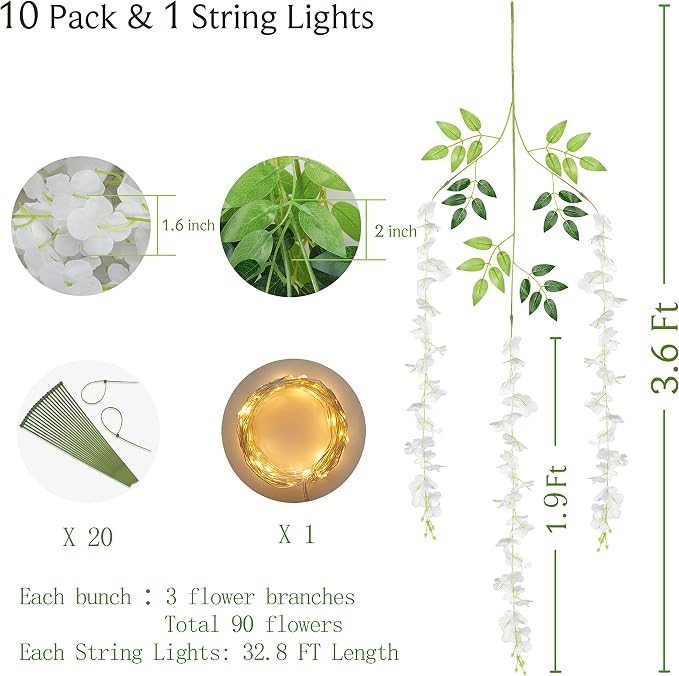 BLEUM CADE 10Pcs White Fake Wisteria Hanging Flowers with Lights, 3.6Ft/Pcs Artificial Wisteria Garland, Hanging Flowers for Wedding Party Home Backdrop Wall Decoration