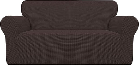 Easy-Going Stretch Loveseat Slipcover 1-Piece Sofa Cover Furniture Protector Couch Soft with Elastic Bottom for Kids Polyester Spandex Jacquard Fabric Small Checks (Loveseat, Chocolate)