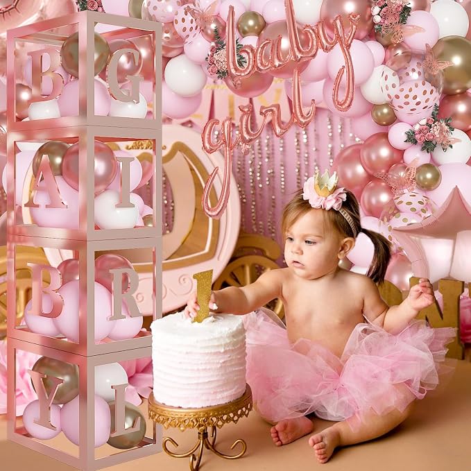Amandir 134pcs Rose Gold Balloons Baby Shower Decorations for Girl Boxes, Butterfly Stickers Balloon Garland Arch Kit Baby Box with Letter (A-Z+Baby) for Women Birthday Bridal Party Decoration