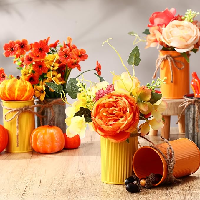 Rustic Vase for Table Centerpieces 4.33 Inch Small Petite Flower Vase with Twine Bow Vintage Farmhouse Decor for Wedding Reception Dining, Home Galvanized Metal Buckets(Yellow, Orange, Iron,24 Pcs)