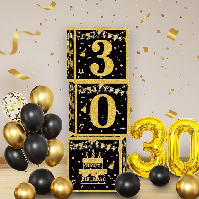 Gold 30th birthday decorations for him Men,3pcs birthday Decorations for Men boys black and gold Balloon Boxes Birthday Party Favors
