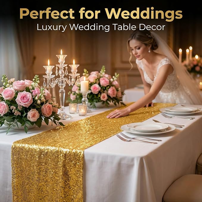 6 Pack Gold Sequin Table Runner 12x108 Inch, High Density Sparkly Glitter Table Runners for Wedding Reception, Party Decorations, Birthday Banquet, Shimmering Gold Decor