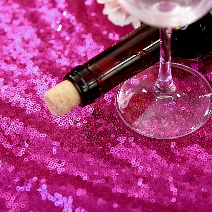B-COOL Round Sequin Tablecloth Party Decorations: 120 Inch Fuchsia Table Cloth Glitter Fabric Overlay for Indoor Outdoor Dining Parties Home