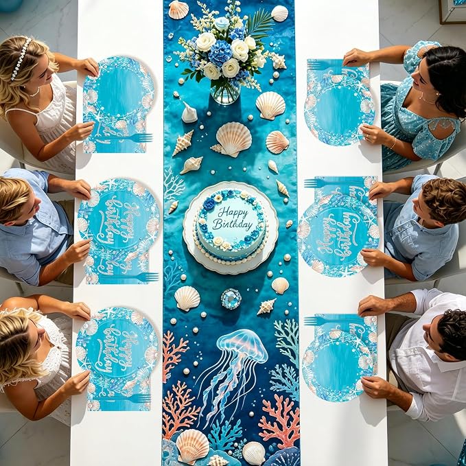 96Pcs Ocean Sea Party Decorations Ocean Waves Birthday Plates and Napkins Disposable Summer Blue Sea Tableware Sets for Boys Girls Birthday Baby Shower Coastal Party Supplies, Serves 24