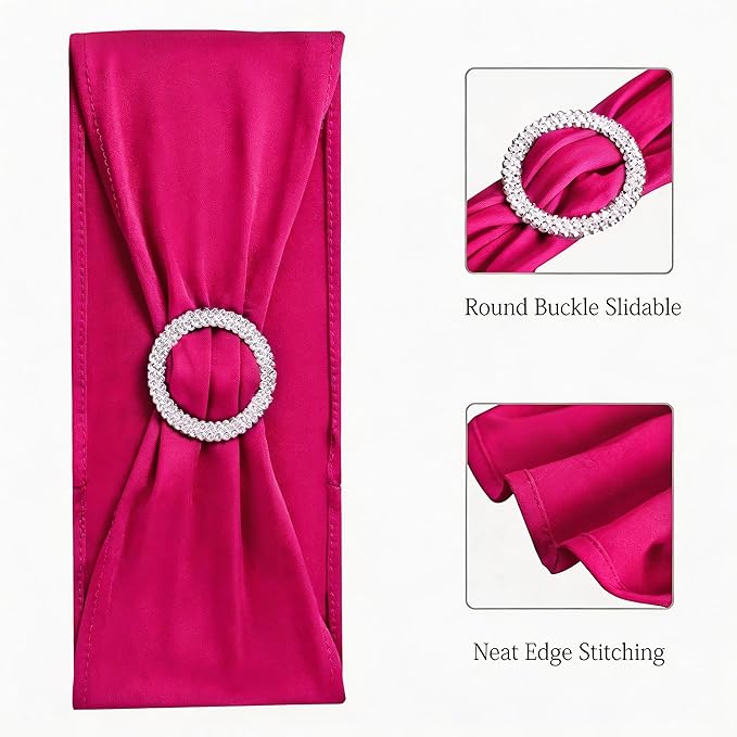 100 Pack Spandex Hot Pink Chair Sashes for Wedding - Stretch Fuchsia Chair Bows Sash Bands with Buckle for Party Birthday Banquets Bridal Baby Shower Events Decorations