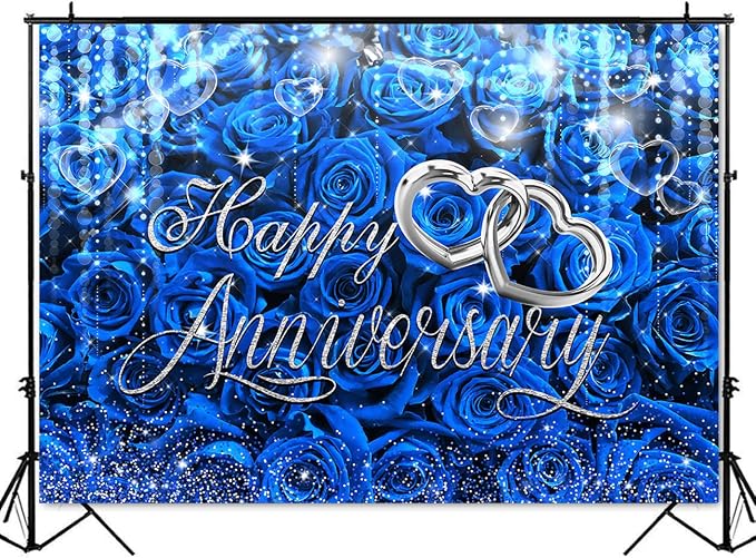 Mocsicka Happy Anniversary Backdrop Wedding Together Anniversary Party Decoration Red Rose Florals Gold Bokeh Heart Background Wedding Couple Love Party Supplies (Blue, XL-(120x96 inch))