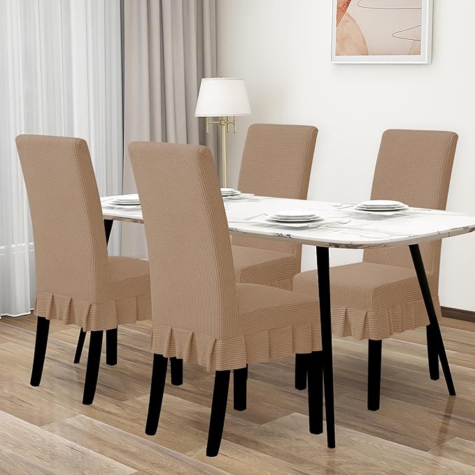 Easy-Going Dining Chair Covers Stretch Parsons Chair Slipcover with Skirt Chair Covers for Dining Room Restaurant Banquet (6 PCS, Camel)