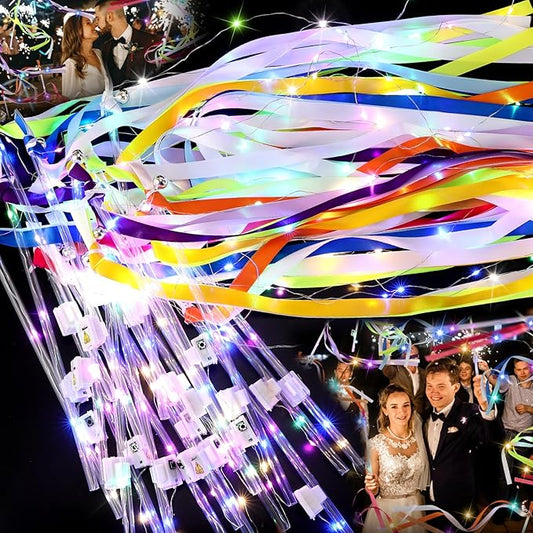 28 PCS Light Up Wands for Wedding, Wedding Favors with 3 Colorful Flashing Modes, Fairy Wands with Colorful ribbons, Lace and Bells for Wedding, New Year, Raves, Concert, Birthday