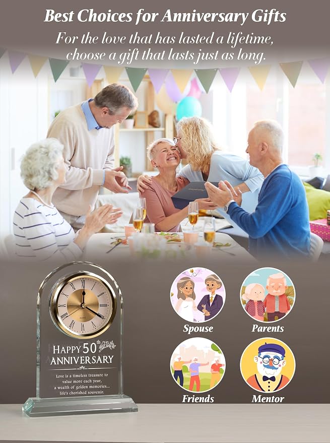 Timeless Anniversary Clock - Perfect 50th Wedding for Parents, Couples, Women & Men - Unique Golden Ideas for Husband & Wife - Elegant Alarm Clock