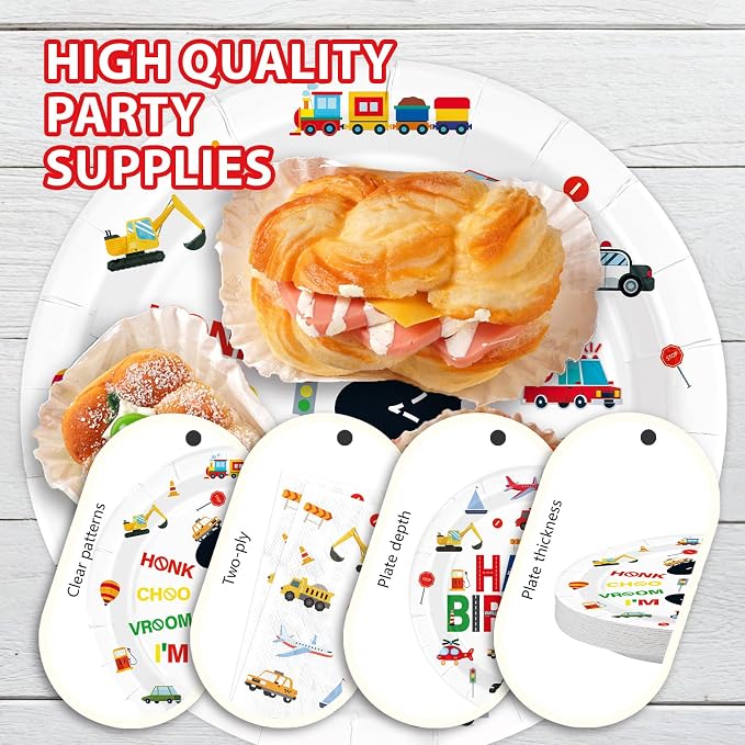 96Pcs 3rd Birthday Cars Party Decorations Transportation Plates and Napkins Tableware Set Car Train Plane Sailboat Tableware Set for Boys 3 Years Old Traffic Theme Party Supplies Serves 24