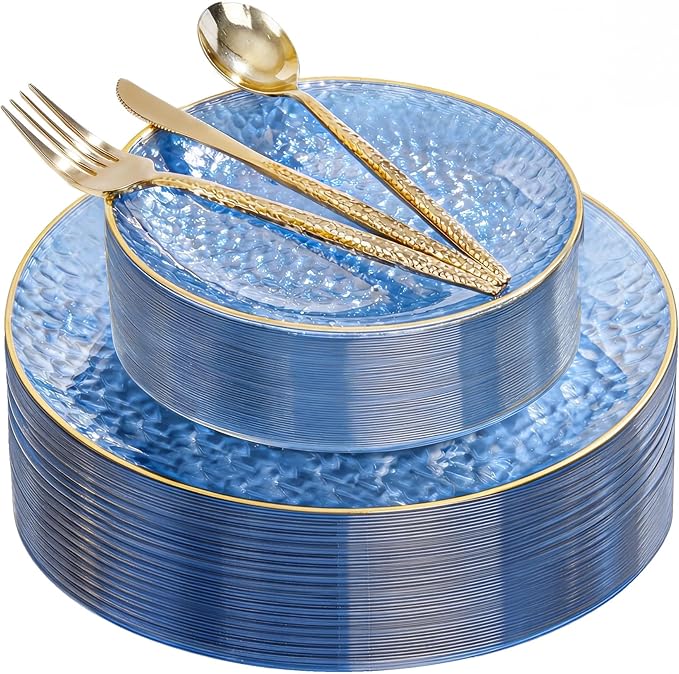 I00000 150Pcs Clear Blue Plastic Plates with Gold Rim,Blue Disposable Plates,Clear Hammer Patterned Disposable plates Set include 30 Dinner Plate,30 Dessert Plate,90 plastic Silverware Set for Party