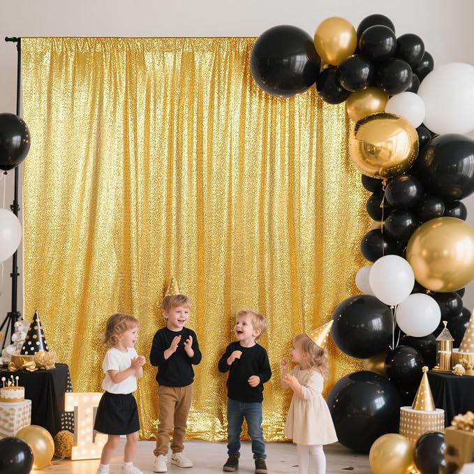 SquarePie 6x6ft Gold Sequin Backdrop for Photography, Satin-Backed Real Sequin Curtain, Enhanced Coverage Shimmering Background with 4" Rod Pocket for Wedding, Birthday, Party Decor, 1 Panel