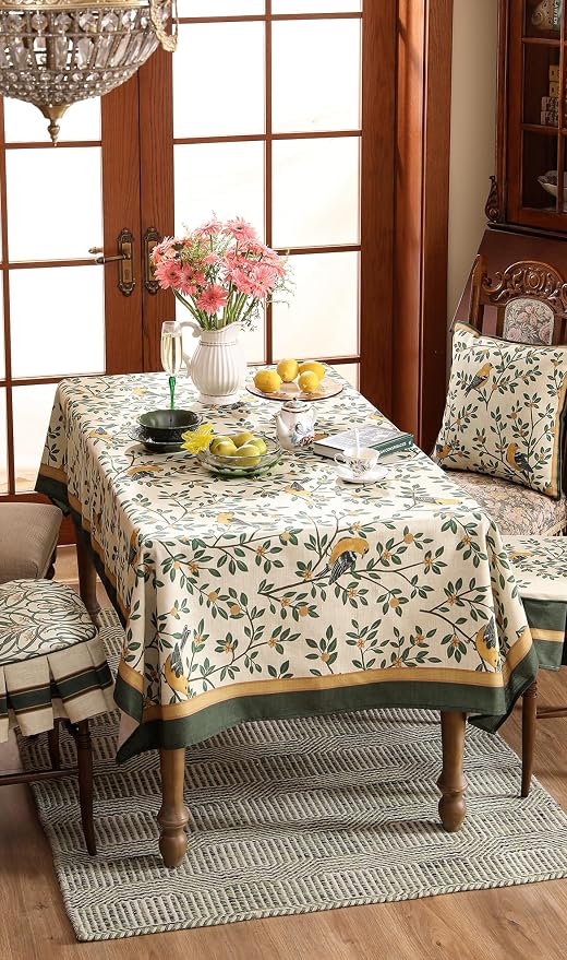 patdrea Designer French Linen Tablecloth,Square,67"x67"-Warbler A | Vintage Table Cloth for Square Table,Yellow and Green Floral Pattern,Dining Room Tea Party Thanksgiving Decor