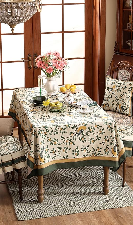 patdrea Designer French Linen Tablecloth,Rectangular,94"x63"-Warbler A | Vintage Large Table Cloth for Rectangle Table,Yellow and Green Floral Pattern,Dining Room Tea Party Thanksgiving Decor
