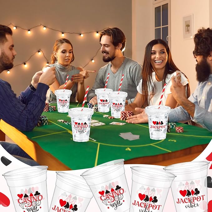 FoldTier 50 Pcs Casino Night Cups, 12 oz Disposable Plastic Cups with Straws and Lids for Home Casino Night Themed Holiday Party Supplies Favors