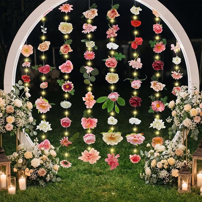 Suncalla 6 Pack 35.4ft Fake Flower Garland Backdrop with LED Lights Hanging Wildflower Floral Vine Decorations for Wedding Bridal Shower Birthday Baby Shower Party Backdrop(Lovely,Multicolor)