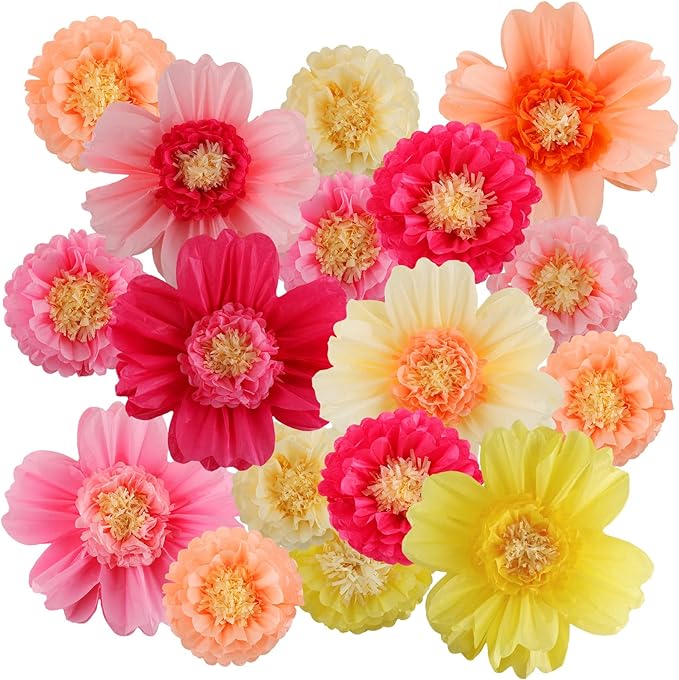 Crowye 36 Pcs Large Colorful Tissue Paper Flowers Decorations Giant Fiesta Craft Crepe Paper Flowers for Wall Decor Backdrop Mexican Wedding Birthday Carnival Party (10'' 20'',Fresh Color)