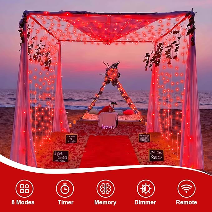 QITONG 2 Pack String Lights Battery Operated, Each 33ft 100 LED Red Christmas Lights Outdoor Waterproof, 8 Modes Clear Wire Twinkle Fairy Lights Indoor with Remote
