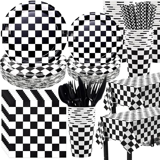 Funnymoom 452 Pcs Checkered Flag Party Supplies for 50 Guests, Black and White Checkered Paper Plates Napkins Cups Tablecloth Cutlery Straws for Race Car Birthday Party Decorations