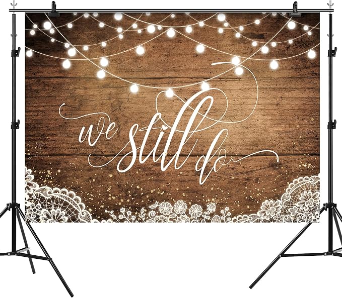 We Still Do Backdrop Rustic Wooden Floor Lights Lace Wedding Anniversary Party Decorations Photography Background Engagement Vow Renewal Bachelorette Supplies Banner Photo Booth Props 7x5ft