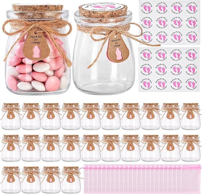 24 Pcs Baby Shower Party Favors for Guests, Baby Shower Gifts for Guest, 3.4 oz Small Glass Mason Jars with Cork Lids, Stickers, Label Tags, Twine, Organza Bags, Mini Candy Jar Favors for Girls