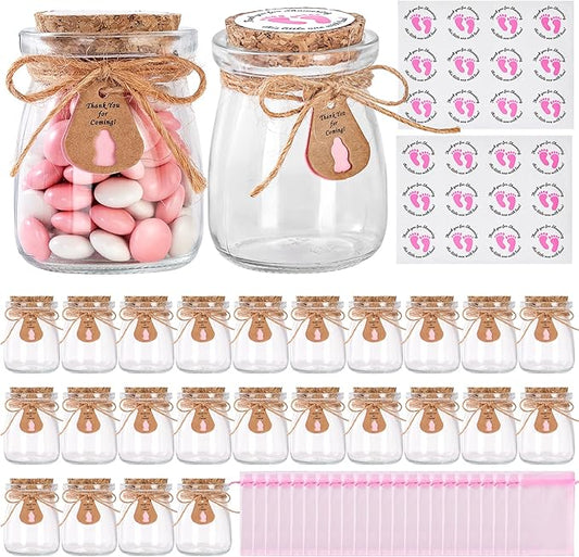 24 Pcs Baby Shower Party Favors for Guests, Baby Shower Gifts for Guest, 3.4 oz Small Glass Mason Jars with Cork Lids, Stickers, Label Tags, Twine, Organza Bags, Mini Candy Jar Favors for Girls
