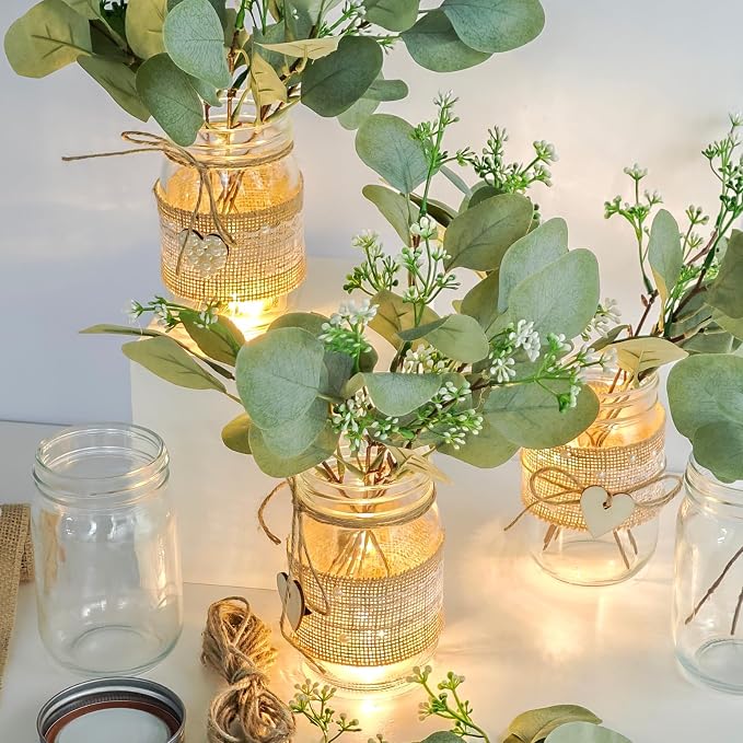 Cinrobiye 6 Sets Mason Jar Centerpieces with Eucalyptus & Lace Sleeve – Rustic Wedding Table Decor, Flower Centerpieces for Tables, Bridal Shower, Baby Shower, Engagement Party Decorations