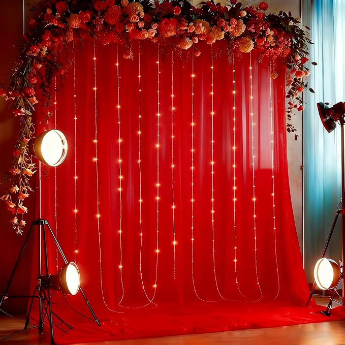 20x10ft Red Tulle Backdrop Curtain with Lights String for Parites, Sheer Photo Backdrop Curtains with Lights for Christmas Wedding Ceremony Reception Bridal Shower Baby Shower Birthday Party
