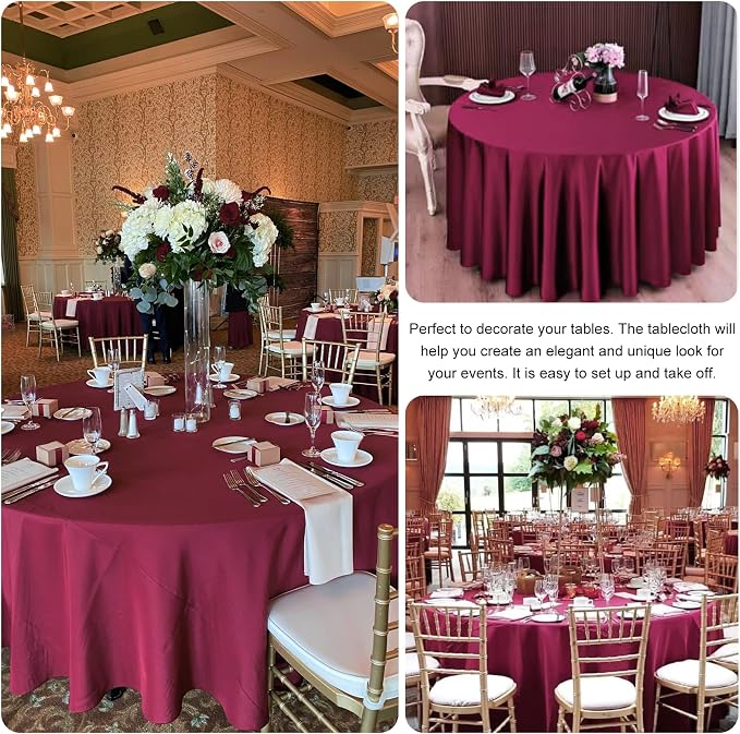 4 Pack Round Tablecloth 108 Inch Polyester Burgundy Tablecloths for Round Tables Washable Fabric Table Covers for Wedding Dining Table Buffet Parties Banquet Decoration（Burgundy）