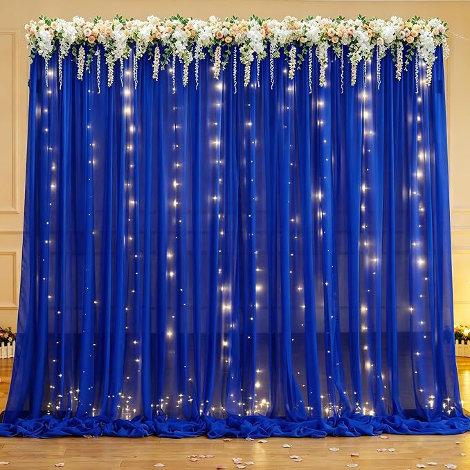 20 x 10ft Royal Blue Chiffon Backdrop Curtain with Lights String for Parties,4 Panels Sheer Tulle Curtain Wedding Backdrop for Baby Shower Birthday Party Ceremony Reception Home Decorations