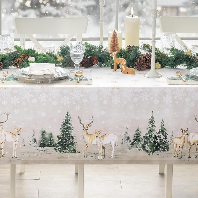 Maison d' Hermine Table Cloth Rectangle Table 100% Cotton 60 x 108 Inches Fall Tablecloth Reusable Everyday Use for Thanksgiving Christmas Decorations Dining Farmhouse Party (Deer in The Woods)