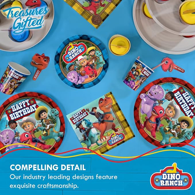 Treasures Gifted Dino Ranch Birthday Decorations - Serves 24 Guests - Complete Set of Dino Ranch Party Supplies - Plates, Banners, Napkins, and Tablecloth