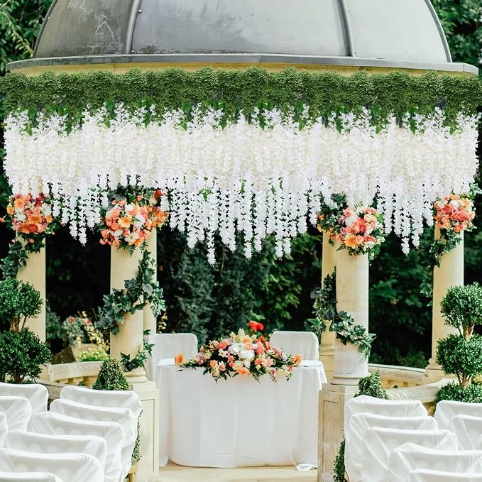 36 Pack Artificial Wisteria Hanging Flowers Fake Wisteria Flower Silk Vines Rattan Decor for Home Wedding Arch Wall Garden Greenery Bedroom Outdoor Office Party Decoration (White)