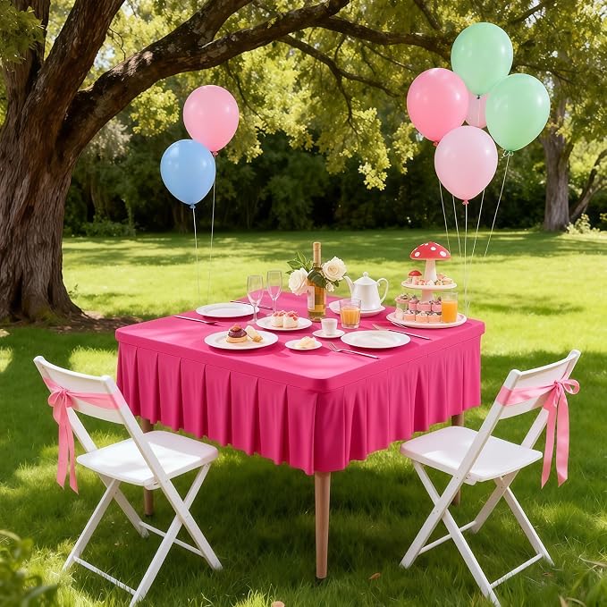 2 Pack Hot Pink Spandex Tablecloths for 34x34 Inch Square Tables, Stretch Fitted Table Clothes with Pleated Ruffle Skirt for 34” Table, Wrinkle Free and Elastic, for Party Kitchen Home Dining