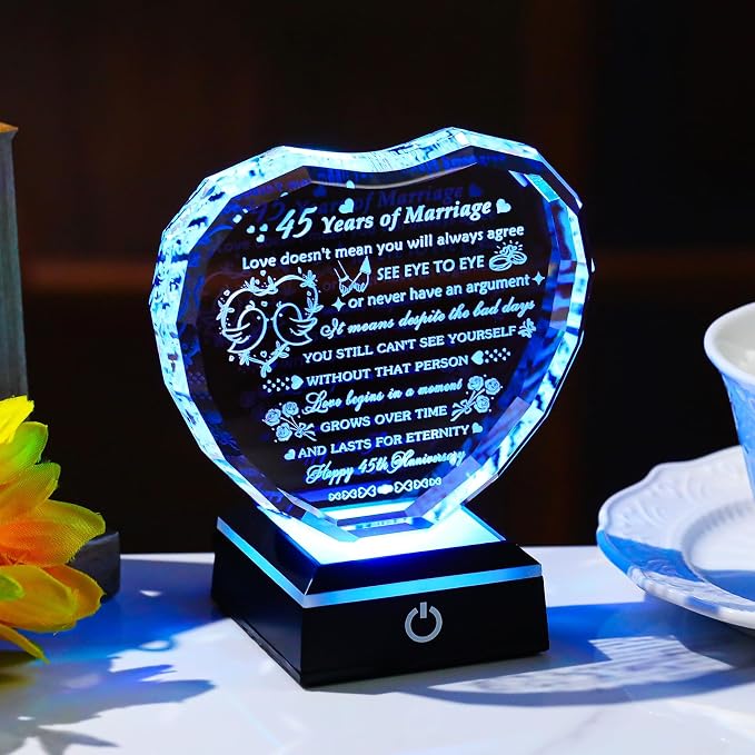 Arikyrist 45th Wedding Anniversary Crystal Heart Gifts for Couple, Laser Engraved 45 Year Anniversary Crystal Gifts for Wife Husband Parents, Romantic 45 Years of Marriage Gift for Him Her Friends