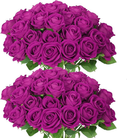 50 PCS Purple Roses Artificial Flowers, Fake Purple Roses, Purple Artificial Roses with Stems for DIY Wedding Flowers Decoration, Valentines Roses, Wedding Decoration