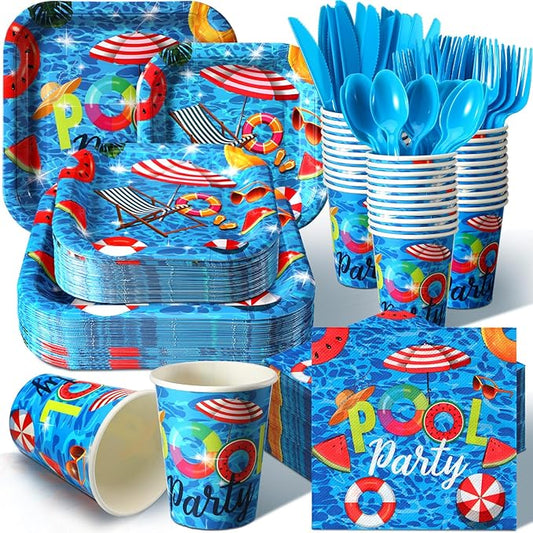 350 Pcs Beach Plates and Napkins Set Beach Party Supplies for 50 Guest Pool Dinnerware Set Disposable Summer Paper Plate Napkin Fork Cutlery for Summer Party Decorations(Pool)