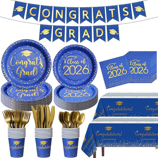 354Pcs Blue and Gold Graduation Decorations Set,2026 Graduation Party Supplies Serves 50,Includes Congrats Grad Banner Paper Plates Cups Napkins Tablecloths Tableware for Class of 2026