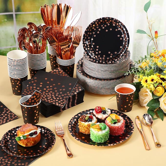 700 pcs Black and Rose Gold Party Supplies for 100 Guests Disposable Dinnerware Kits Black Rose Gold Paper Plates Napkins Cups Rose Gold Plastic Forks Knives Spoons for Birthday Wedding Party
