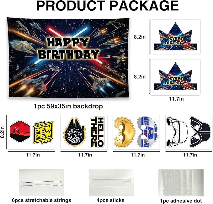 Allenjoy Space War Birthday Party Decorations Set - 11 Piece Kit with 59"x35" Backdrop, 6 Headbands, 4 Photo Booth Props, Decor Supplies, Favors for Son Men Boys Teens Fans