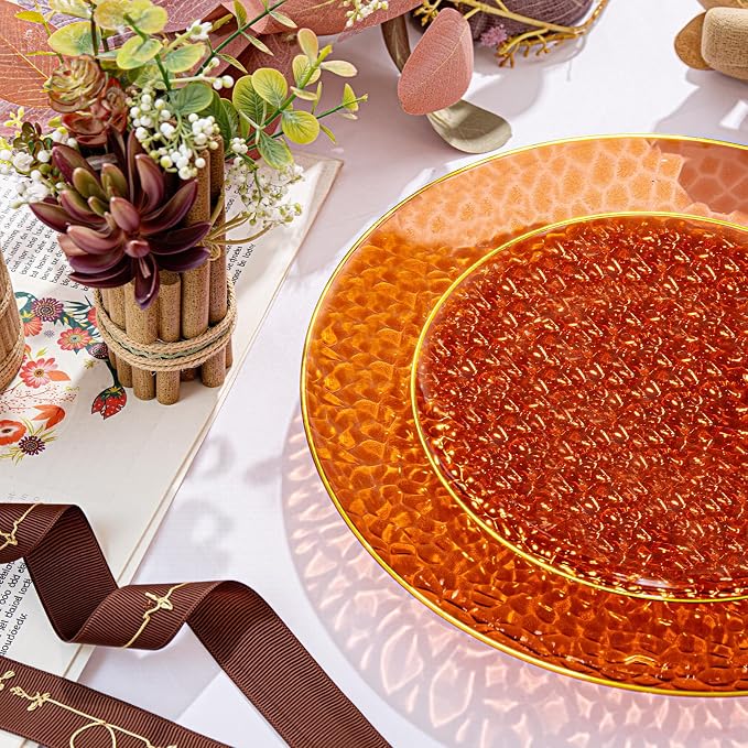 Rubtlamp 175 Pcs Plastic Dinnerware Set (25 Guests), Amber And Gold Plastic Plates, Hammered Party Plates Set Include Dinner Plates, Dessert Plates, Cups, Cutlery Set And Napkins for Wedding And Party