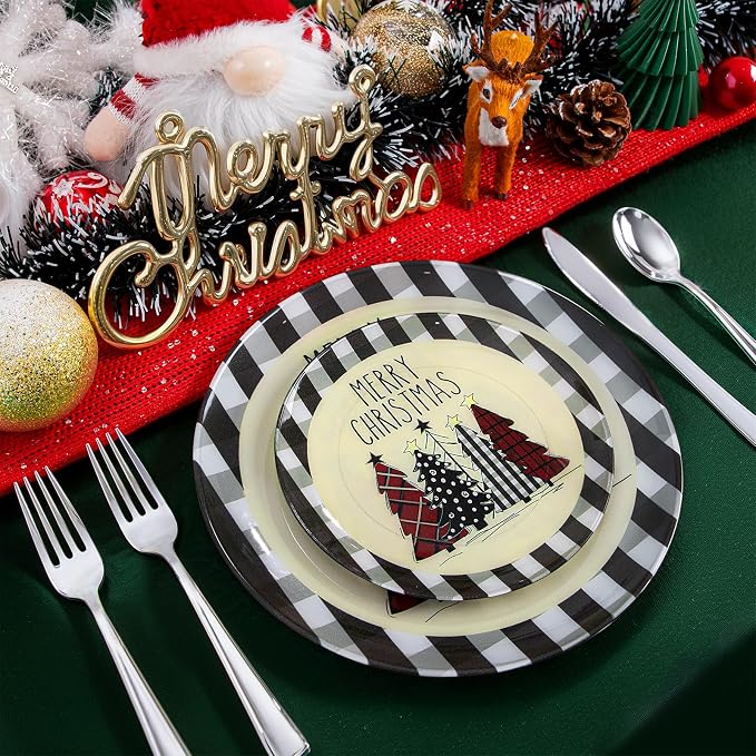 WDF 24Pack Christmas Plastic Plates - Heavy Duty Christmas Tree Plates - Disposable Checkered Plate Ideal for Party