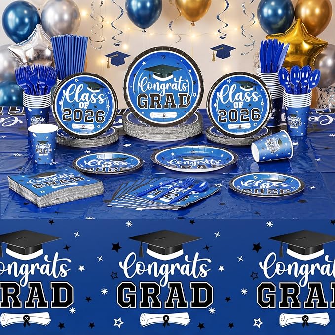 Funnymoom 452 Pcs 2026 Blue White Graduation Decoration for 50, Class of 2026 Blue Graduation Paper Plates Napkins Cups Tablecloth Cutlery Straws for College High School Congrats Grad Party Supplies