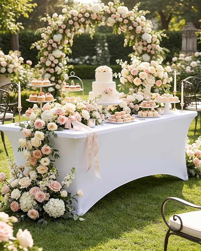 Fixwal White Tablecloths for 8 Foot Rectangle Tables, 8 Pack Spandex Stretch Fitted Table Covers for Party, Trade Show, Banquet, Wedding, Buffet